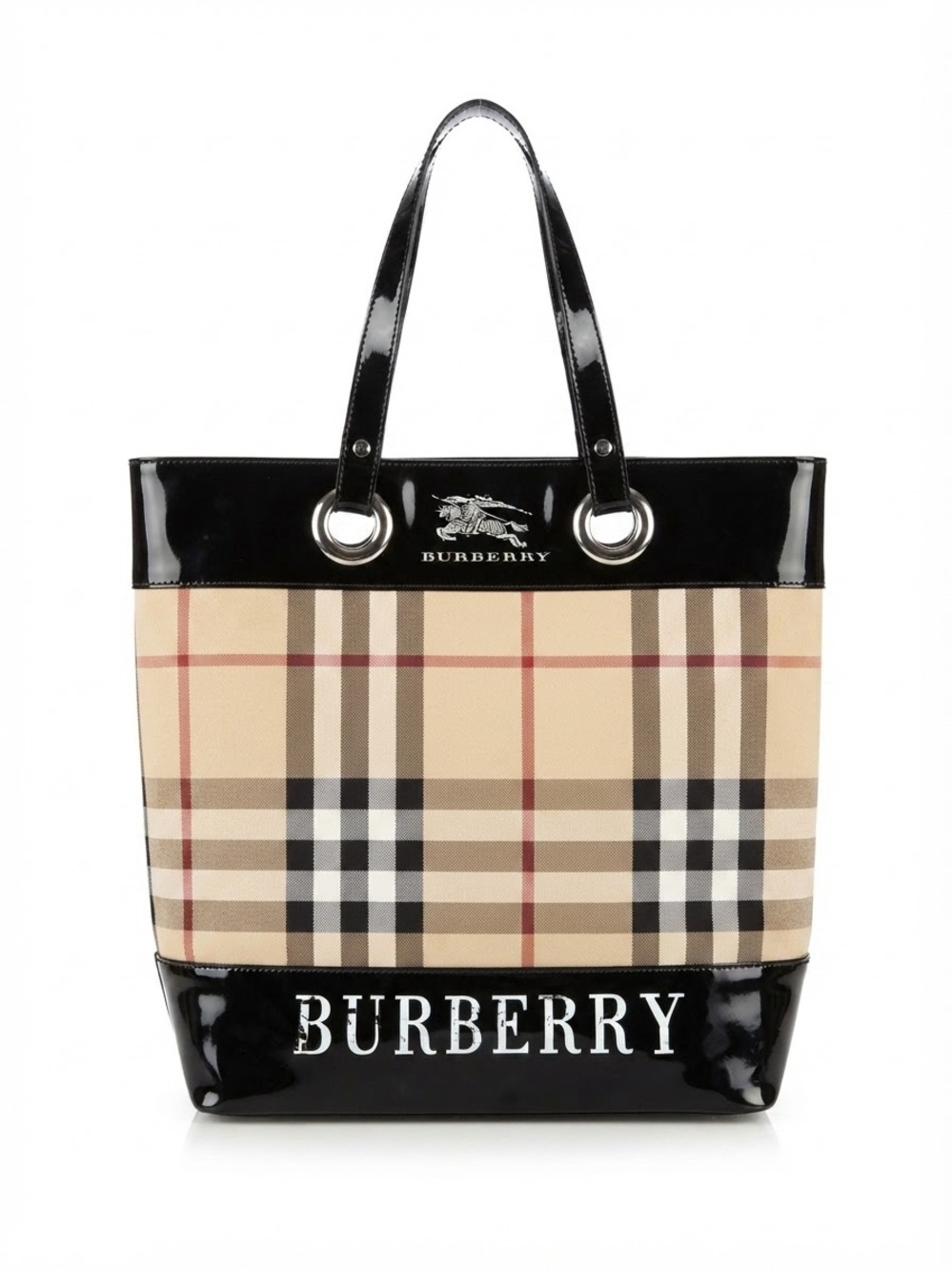 Y2K Beige Nova Check Canva Vinyl Tote Bag with Black Trim Shoulder Bag